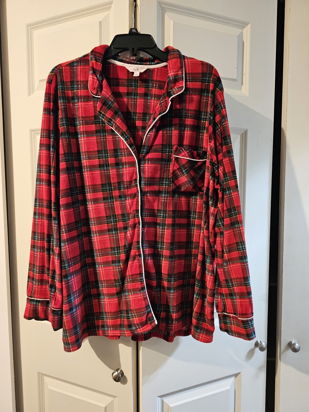 Red Plaid Pajama Shirt with Contrast Piping